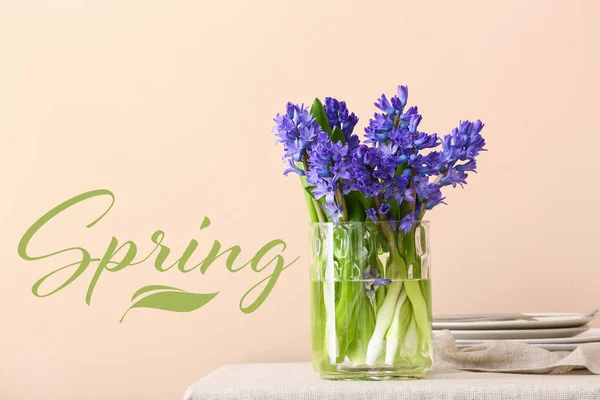 Vase Beautiful Hyacinth Flowers Plates Table Color Background Word Spring — Stock Photo, Image