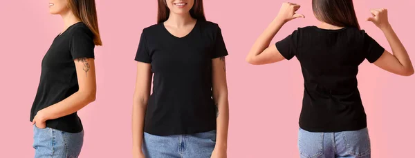 Zestaw Młodej Kobiety Czarnej Koszulce Różowym Tle Makieta Projektowania — Zdjęcie stockowe