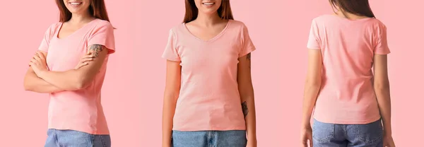 Conjunto Jovem Mulher Camiseta Moderna Sobre Fundo Rosa Mockup Para — Fotografia de Stock