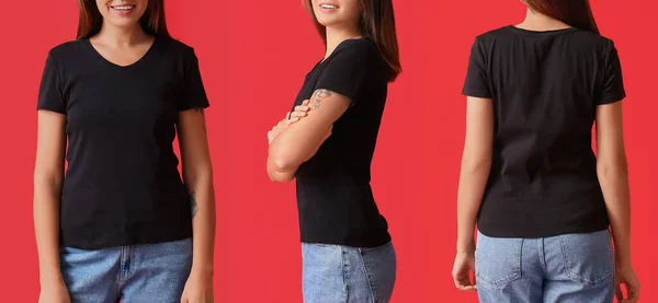 Eine Junge Frau Schwarzem Shirt Auf Rotem Hintergrund Mockup Für — Stockfoto