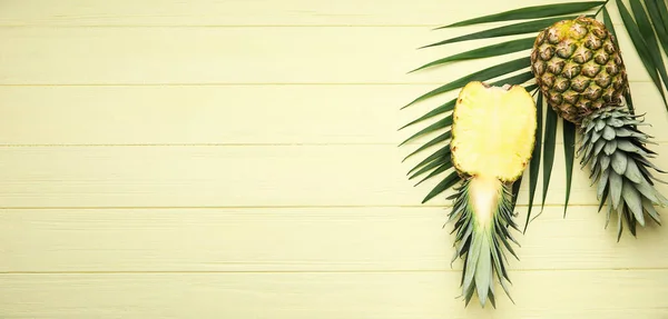 Fresh Pineapples Yellow Wooden Background Space Text — Stock Photo, Image