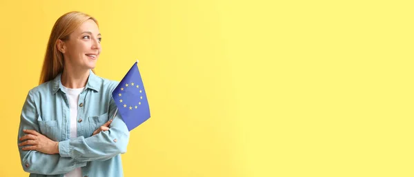 Mature Woman Holding Flag European Union Yellow Background Space Text — Stock Photo, Image