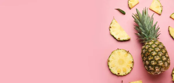 Fresh Pineapple Slices Pink Background Space Text — Stock Photo, Image