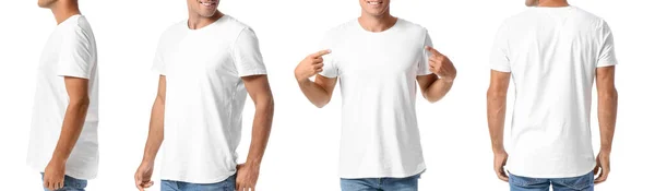 一套穿着白色背景的现代T恤的年轻人 用于设计的模型 — 图库照片