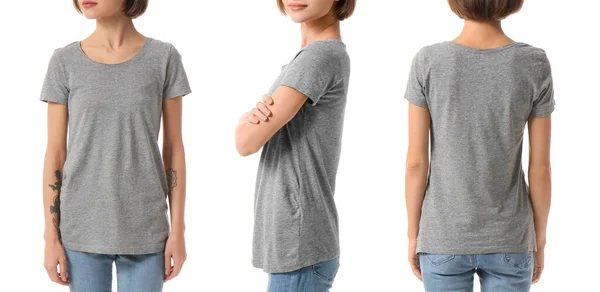 Conjunto Jovem Mulher Camiseta Cinza Sobre Fundo Branco Mockup Para — Fotografia de Stock