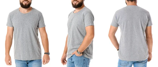 Conjunto Hombre Camiseta Gris Sobre Fondo Blanco Burla Para Diseño — Foto de Stock