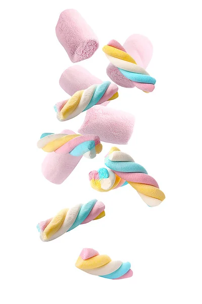 Colorful Flying Marshmallows Isolated White — Stock Photo, Image
