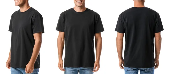 Conjunto Hombre Joven Camiseta Negra Sobre Fondo Blanco Burla Para —  Fotos de Stock