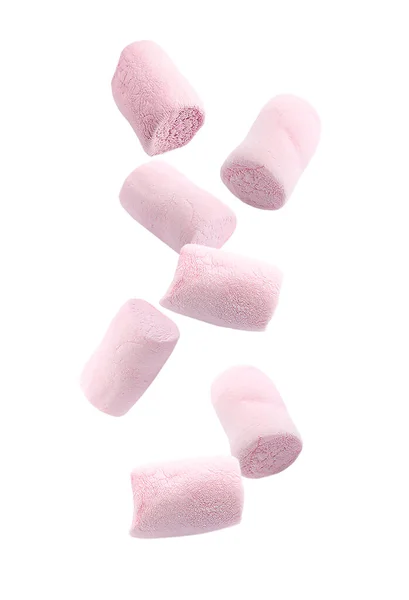 Marshmallows Voadores Rosa Isolados Branco — Fotografia de Stock