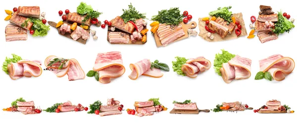 Bacon Defumado Saboroso Com Especiarias Ervas Legumes Fundo Branco — Fotografia de Stock