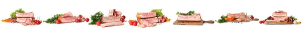 Smaklig Rökt Bacon Med Kryddor Örter Och Grönsaker Vit Bakgrund — Stockfoto