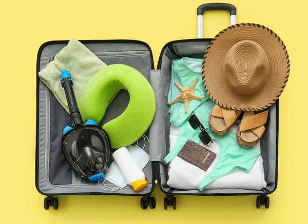 Suitcase Female Beach Accessories Snorkeling Mask Yellow Background — Stock Photo, Image