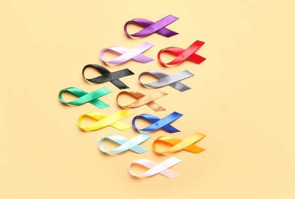 Colorful Awareness Ribbons Beige Background World Cancer Day Concept — Stock Photo, Image