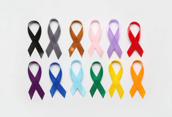 Set Different Awareness Ribbons Light Background World Cancer Day Concept — Stock Photo, Image