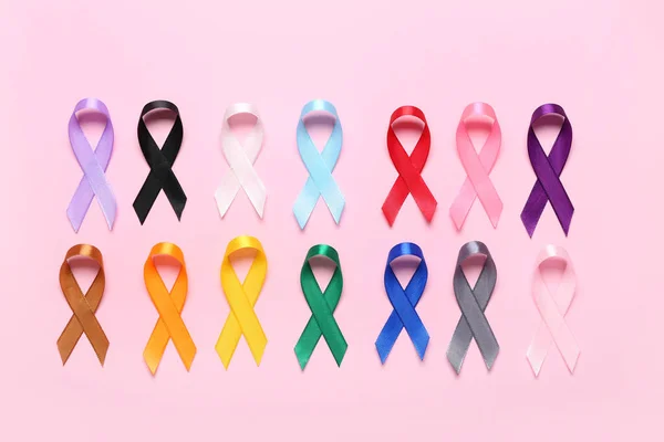 Different Colorful Awareness Ribbons Pink Background World Cancer Day — Stock Photo, Image