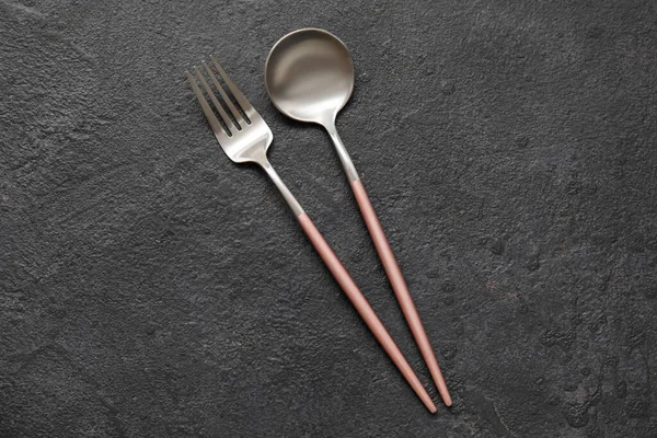 Fork Spoon Dark Background Top View — Stock Photo, Image