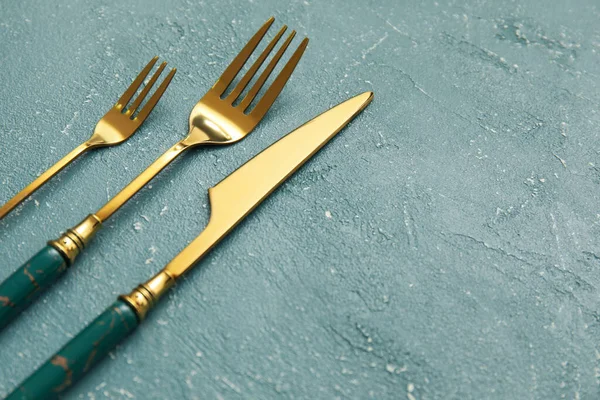 Golden Cutlery Grey Background — Stock Photo, Image