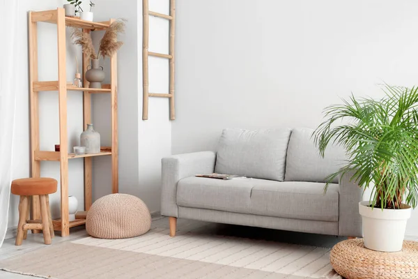 İçinde kanepe, raf ünitesi, saksı ve puf olan modern bir oturma odası.