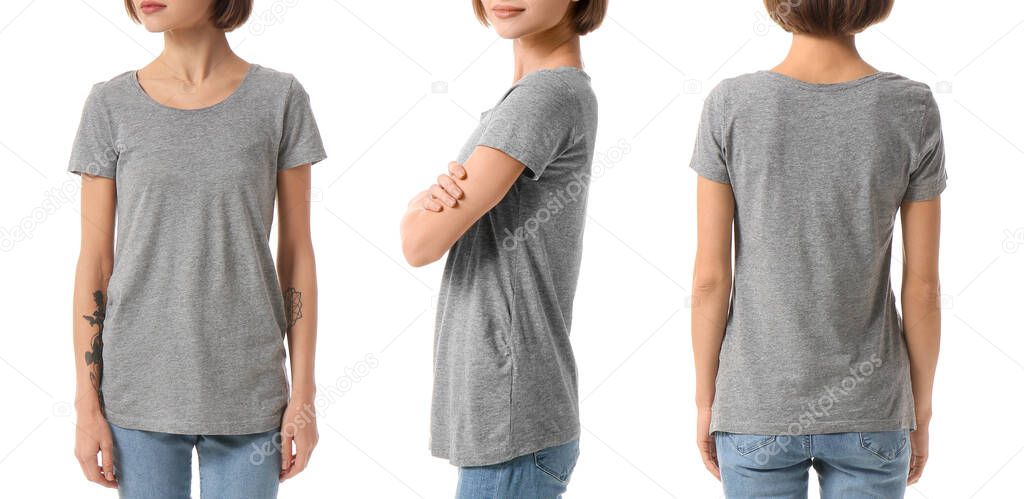 Set of young woman in grey t-shirt on white background. Mockup for design
