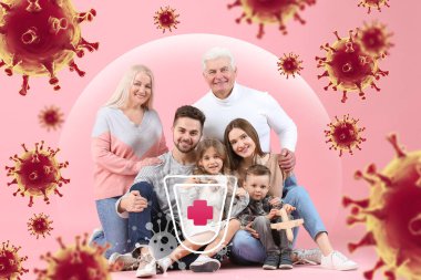 Pembe arka planda güçlü bağışıklığı olan sağlıklı bir aile. Virüslere karşı koruma