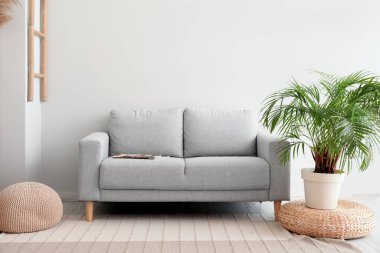 Kanepe, puf ve çiçekli modern oturma odasının içi.