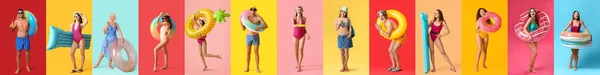 Conjunto Diferentes Personas Ropa Playa Sobre Fondo Colorido —  Fotos de Stock