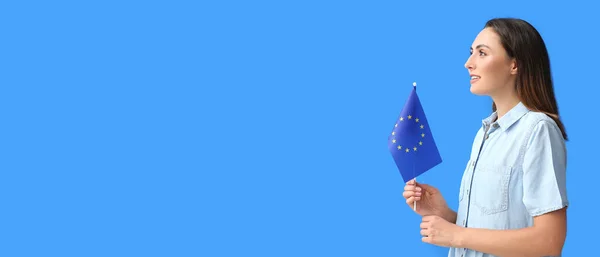 Beautiful Young Woman Flag European Union Blue Background Space Text — Stock Photo, Image