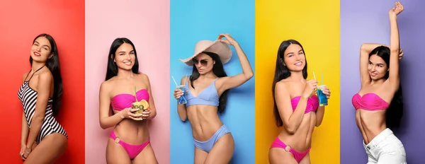 Conjunto Hermosa Mujer Joven Trajes Baño Sobre Fondo Colorido — Foto de Stock