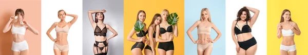 Collage Met Verschillende Vrouwen Ondergoed Kleurrijke Achtergrond — Stockfoto