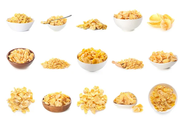 Set Gustosi Corn Flakes Sfondo Bianco — Foto Stock