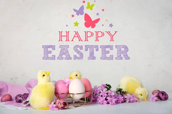 Easter Greeting Card Cute Chickens Eggs Flowers Light Table — Stock Photo, Image