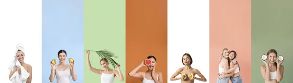 Set Beautiful Women Healthy Skin Colorful Background — Stock Photo, Image