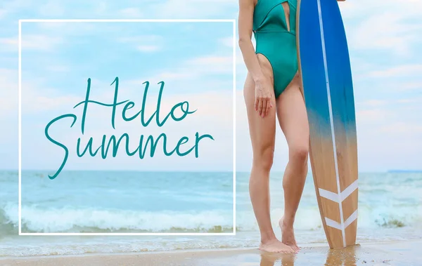 Beautiful Young Woman Surfboard Beach Resort Hello Summer — ストック写真