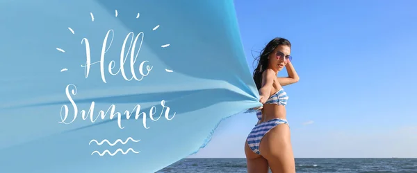 Jolie Jeune Femme Maillot Bain Sur Plage Mer Bonjour Été — Photo