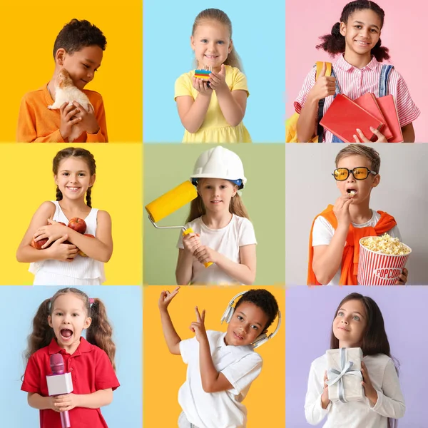 Collage Avec Drôles Petits Enfants Sur Fond Coloré — Photo