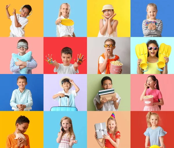 Collage Funny Little Children Colorful Background — Stock Photo, Image