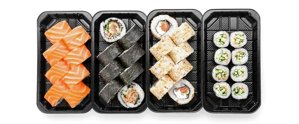 Recipientes Com Diferentes Rolos Sushi Fundo Branco Vista Superior — Fotografia de Stock