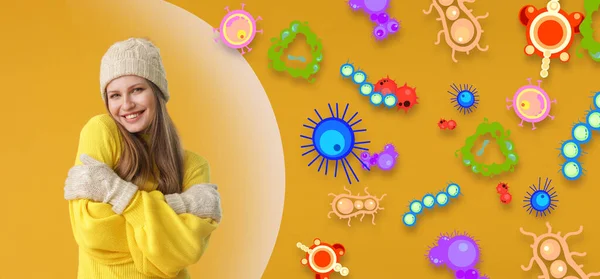 漂亮的年轻女子 有强烈的黄色背景免疫力 防止细菌 细菌和病毒 — 图库照片