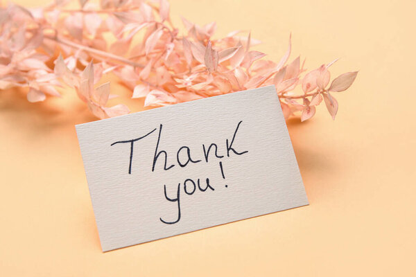 Sheet of paper with text THANK YOU and plant branch on color background