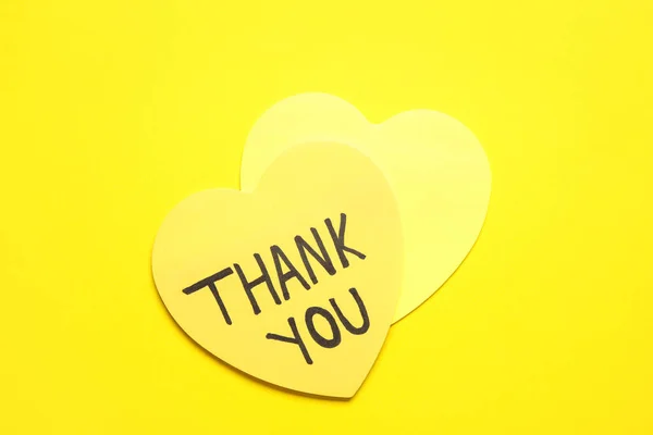 Heart Shaped Sticky Notes Text Thank You Yellow Background — Stock Photo, Image