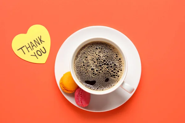 Heart Shaped Sticky Note Text Thank You Cup Coffee Macaroons — Stock Photo, Image