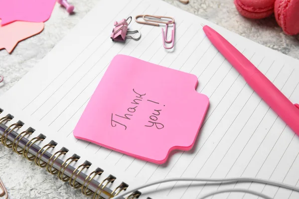 Sticky Note Text Thank You Pen Clips Notebook Grunge Background — Stock Photo, Image