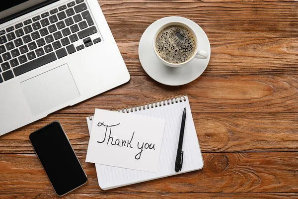 Paper Sheet Text Thank You Stationery Mobile Phone Laptop Cup — Stock Photo, Image