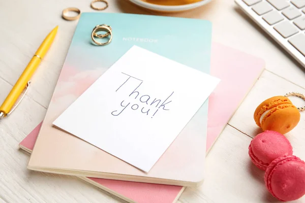 Notebooks Text Thank You Rings Macaroons White Wooden Background Closeup — Stock Photo, Image