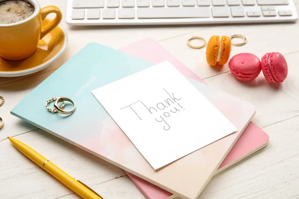 Notebooks Text Thank You Rings Macaroons Cup Coffee Computer Keyboard — Stock Photo, Image