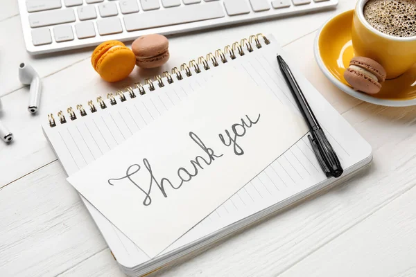 Notebook Text Thank You Macaroons Earphones Computer Keyboard Cup Coffee — Stock Photo, Image