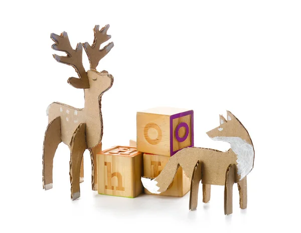 Handmade Cardboard Reindeer Fox Wooden Cubes Letters White Background — Stock Photo, Image