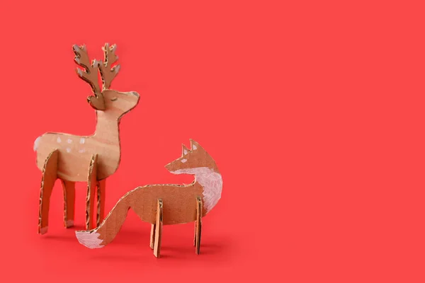Handmade Cardboard Reindeer Fox Red Background — Stock Photo, Image