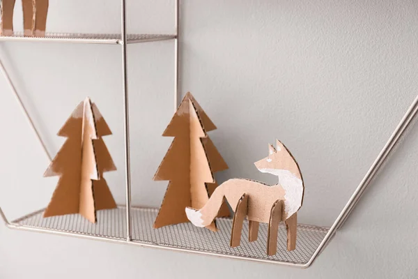 Handmade Cardboard Fox Fir Trees Shelf Light Wall — Stock Photo, Image