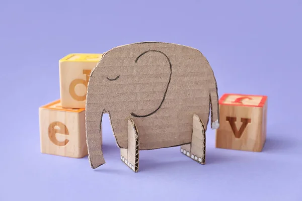 Handmade Cardboard Elephant Wooden Cubes Letters Color Background — Stock Photo, Image